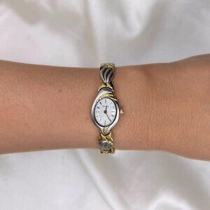 Vintage 90s Bulova Two Tone Bracelet Watch Dainty Classic Oval Elegant Old Money